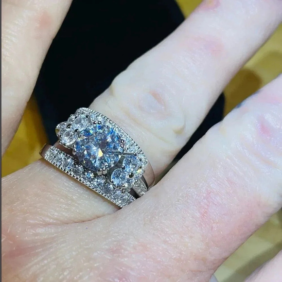 STERLING SILVER 3PIECE BRIDAL SET 6CTW 4CT CENTER 3 STONE RING STUNNER SIZE 8 - Picture 1 of 16